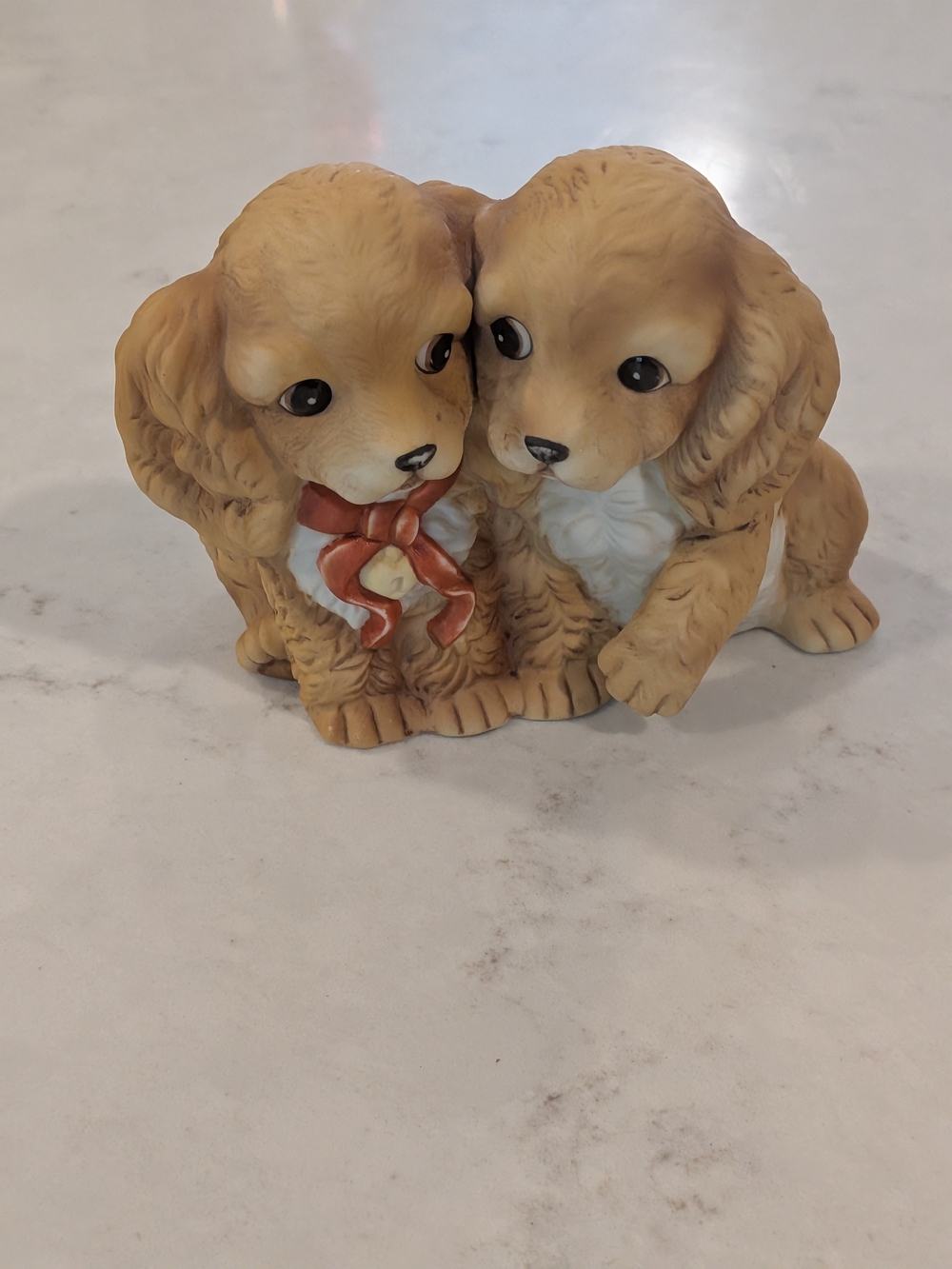 Vintage 1988Cute Pair of Porcelain Puppy Figurines in Tan and White with Red Bow